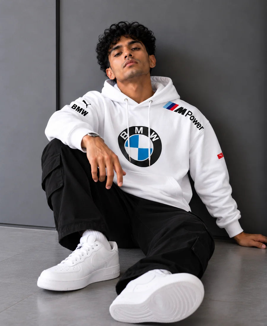 BMW Motorsport Inspired White Oversized Hoodie – M Power Edition