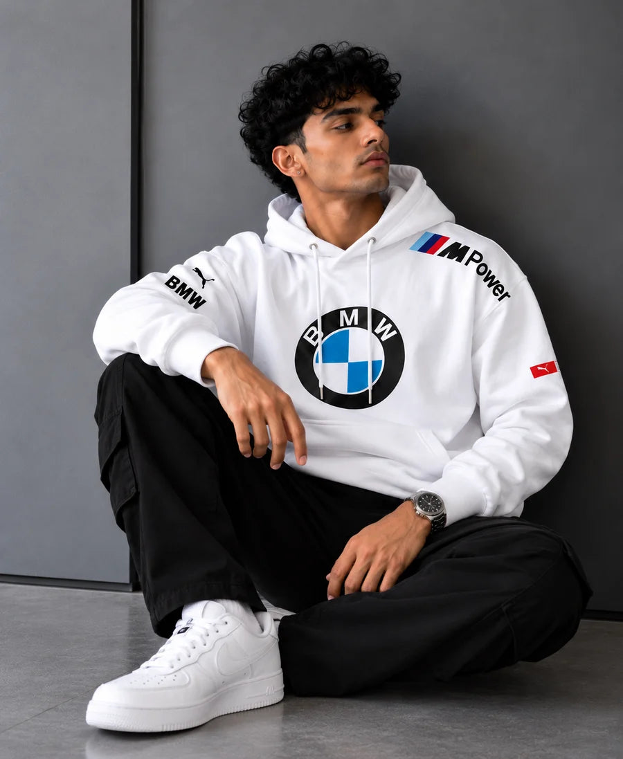BMW Motorsport Inspired White Oversized Hoodie – M Power Edition